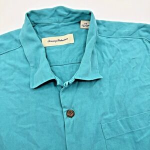 Tommy Bahama Men's Large Sea Blue 100% Silk‎ Short Sleeve Camp Shirt Button Up